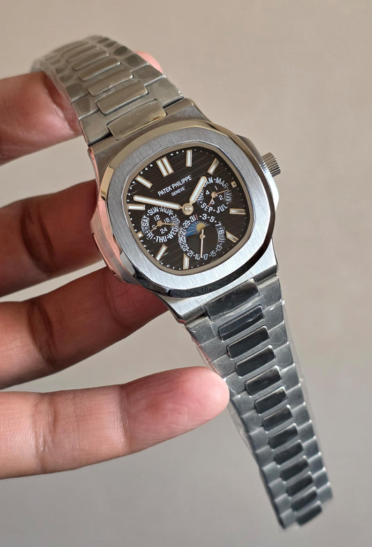 Luxury Automatic Watch – Full Calendar & Moonphase Steel with Black Dial