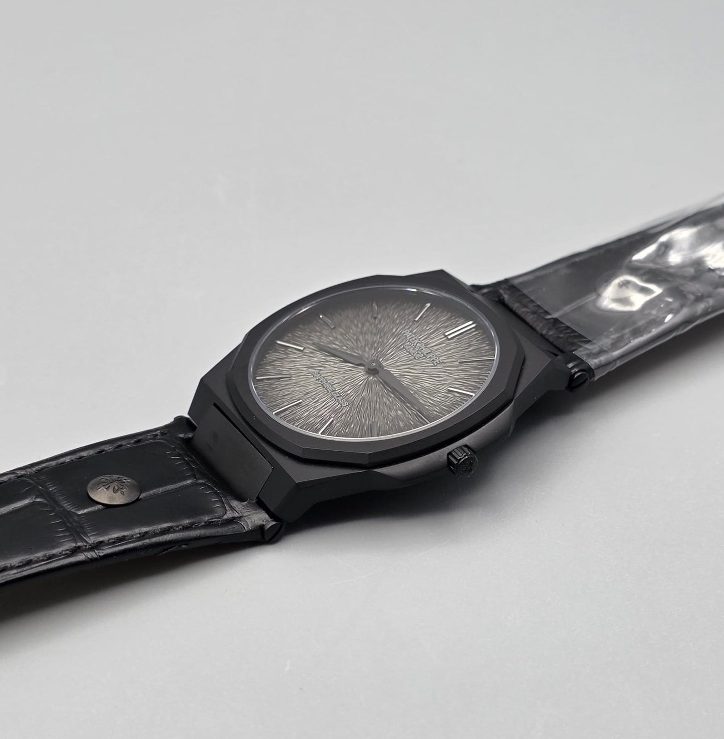 Black Luxury Watch with Silver Textured Dial & Black Leather Strap