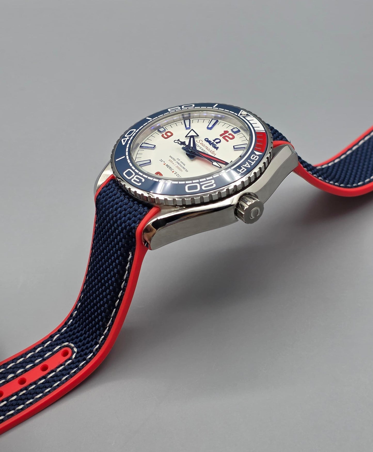 White Dial Automatic Watch with Navy Blue & Red Rubber Strap