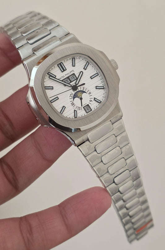 Luxury Automatic Stainless Steel Watch – Day, Date, Month & Moonphase White Dial