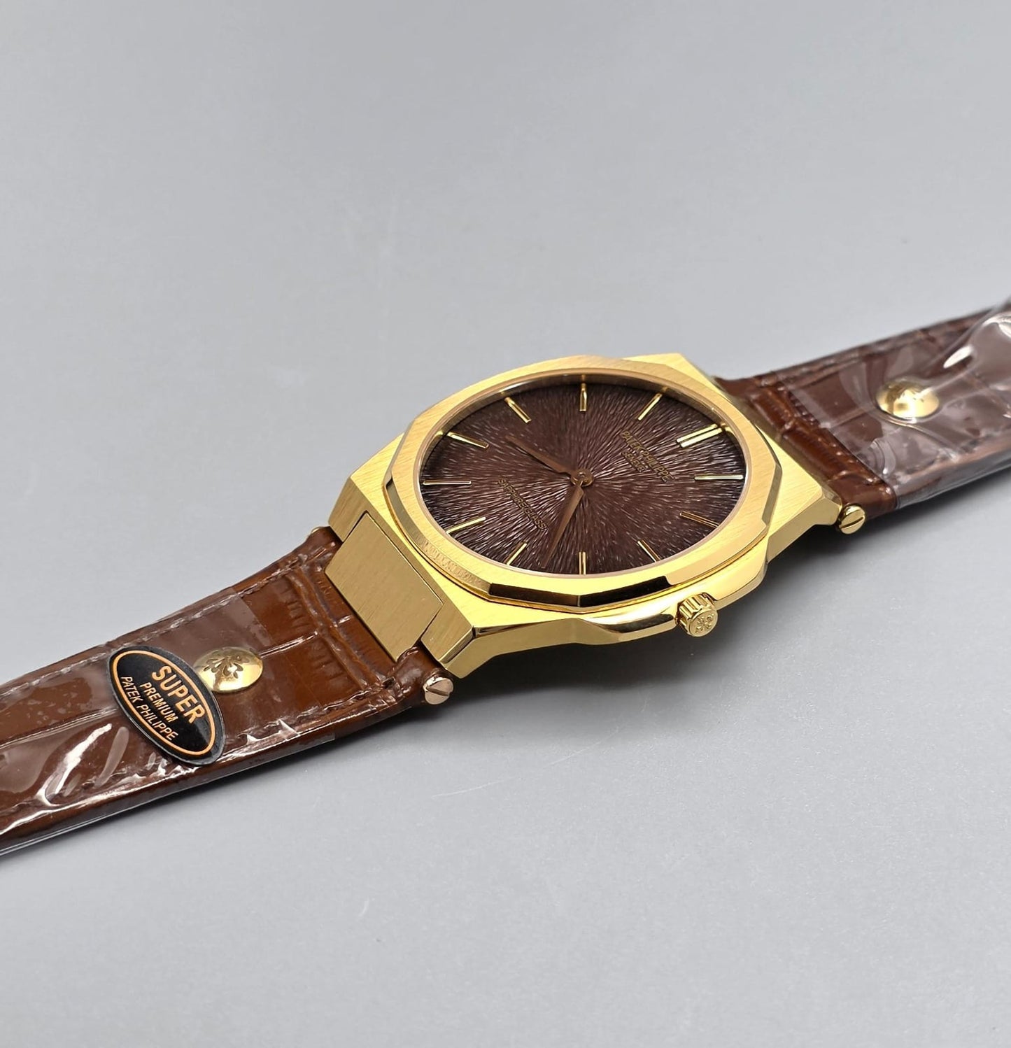 Gold Luxury Watch with Brown Textured Dial & Premium Leather Strap