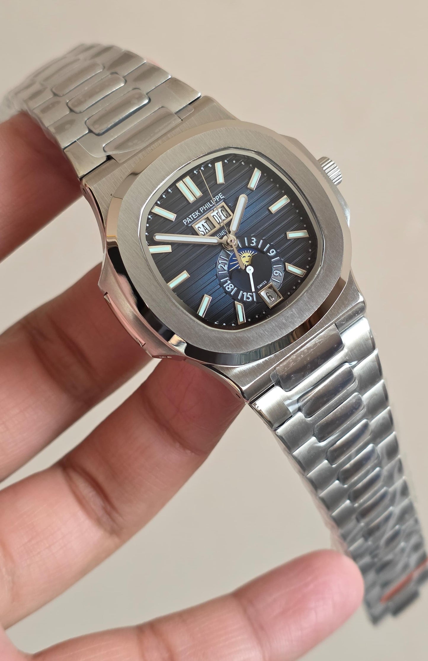 Luxury Automatic Stainless Steel Watch – Day, Date, Month & Moonphase Blue Dial