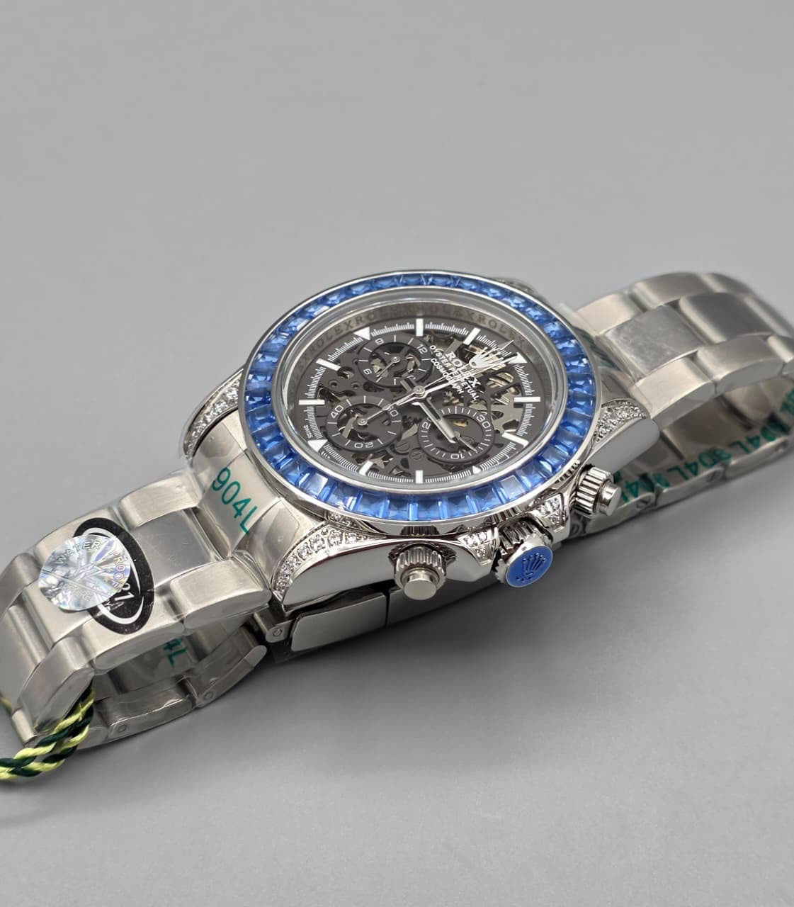 Premium Blue Sapphire Gemstone Bezel Skeleton Luxury Automatic Watch