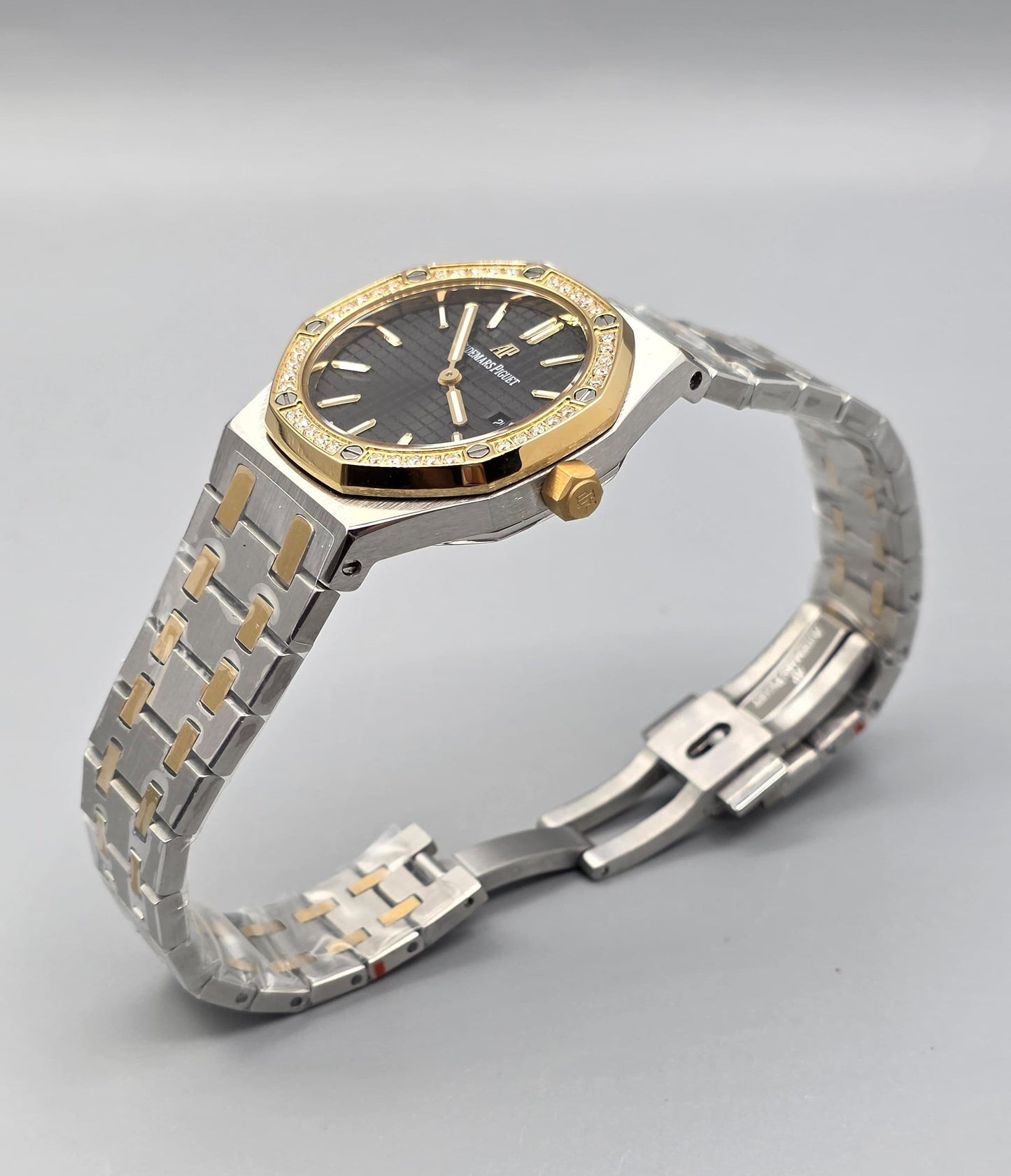 Luxury Two-Tone Diamond Bezel Black Dial Ladies Watch