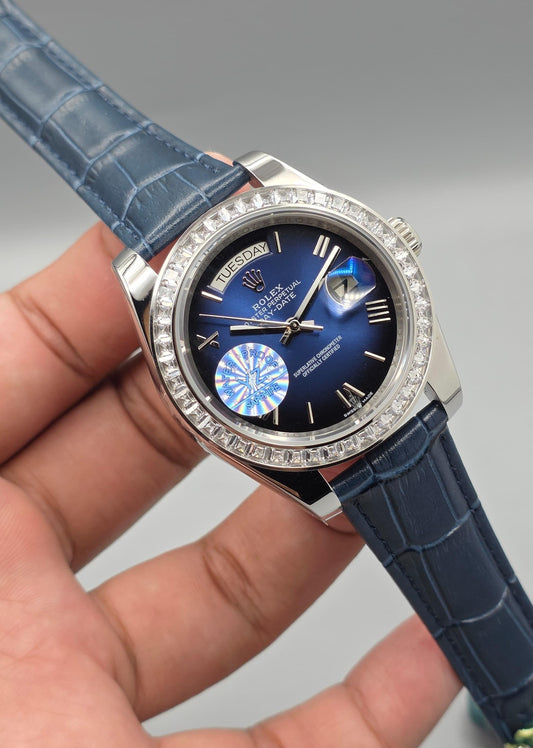 Luxury Leather Strap Watch – Zarcon Bezel, Day & Date