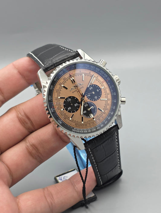Premium Champagne Dial Chronograph Luxury Watch – Black Leather Strap