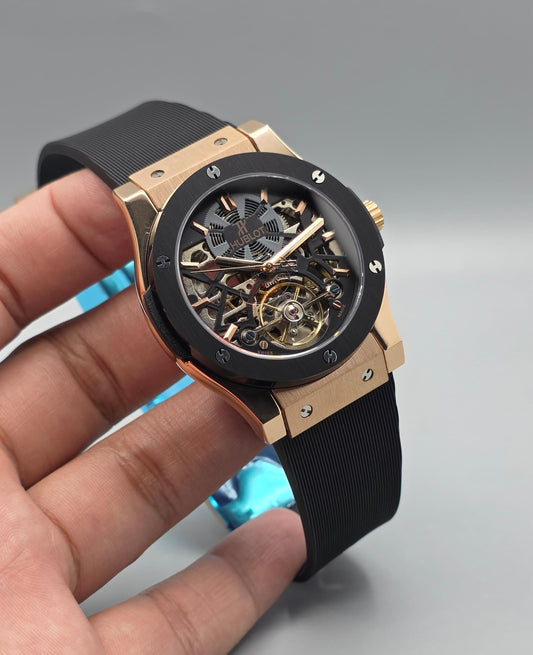 Luxury Skeleton Watch – Rose Gold Black Bezel Edition