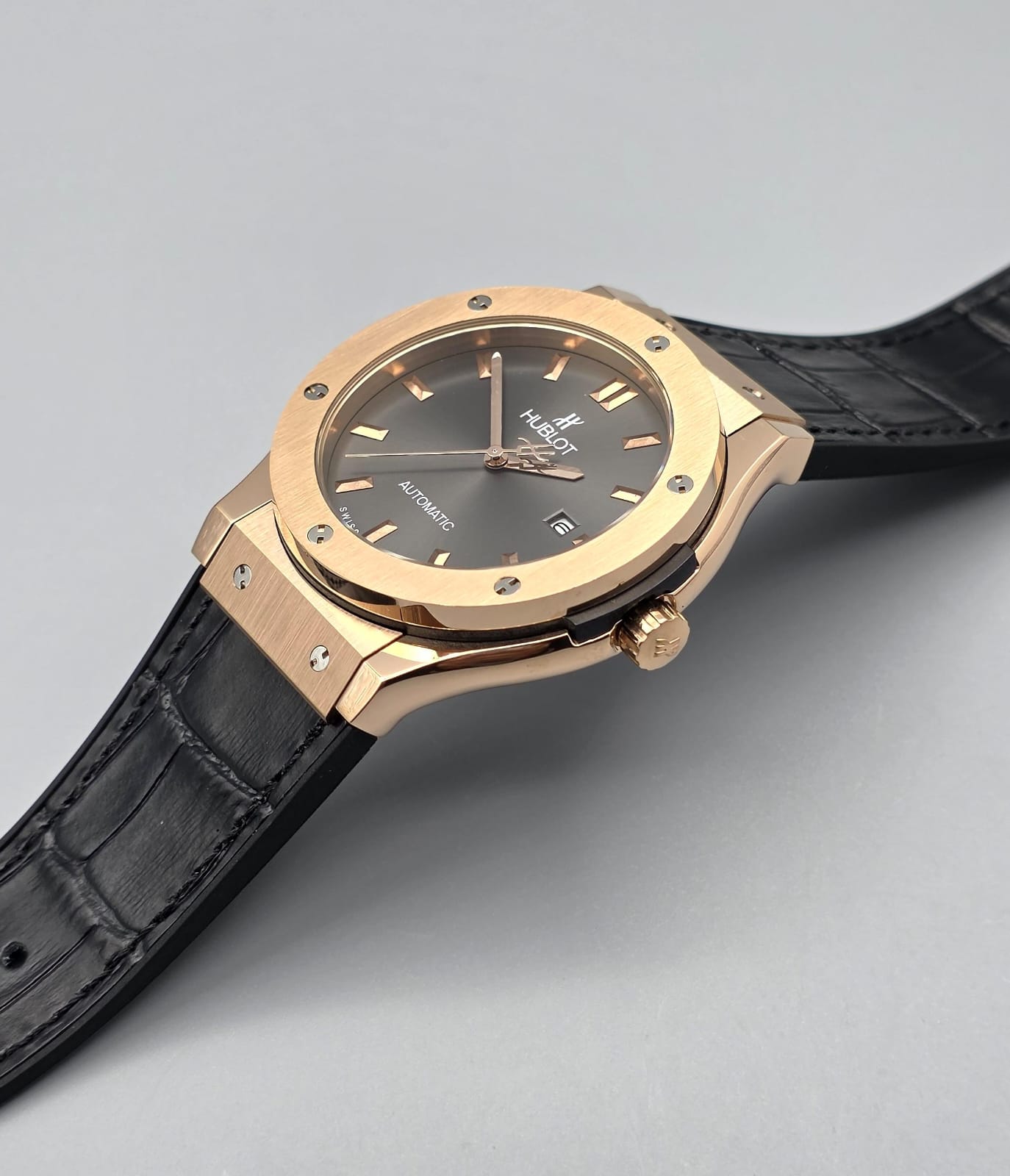 Premium Rose Gold Case Sunray Grey Dial Leather Strap Automatic Watch