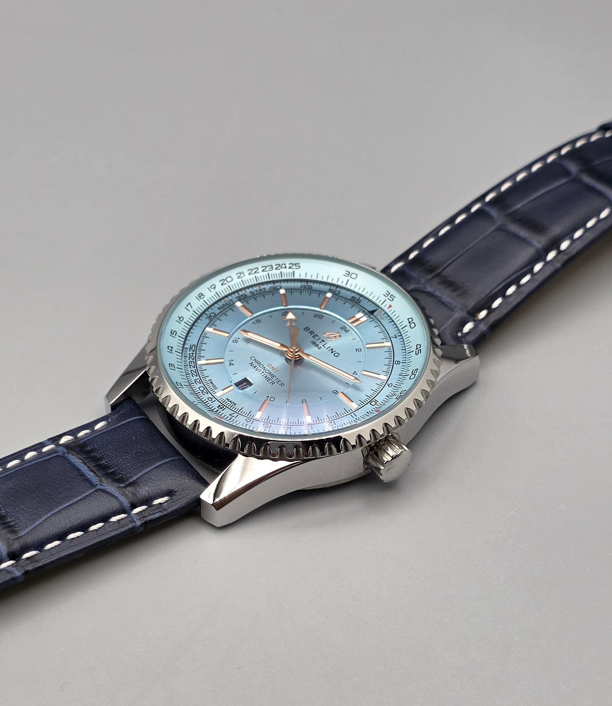 Premium Ice Blue Dial Automatic G.M.T Luxury Watch – Navy Blue Leather Strap