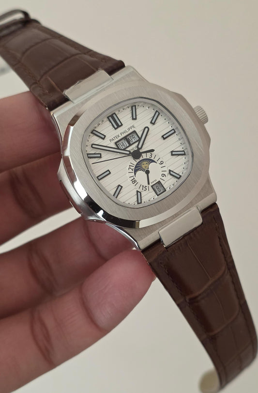 Luxury Automatic Watch with Day, Date, Month & Moonphase White Dial